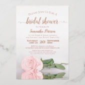 ピンクエレガントローズとバラ金ゴールドブライダルシャワー 箔招待状 (正面)