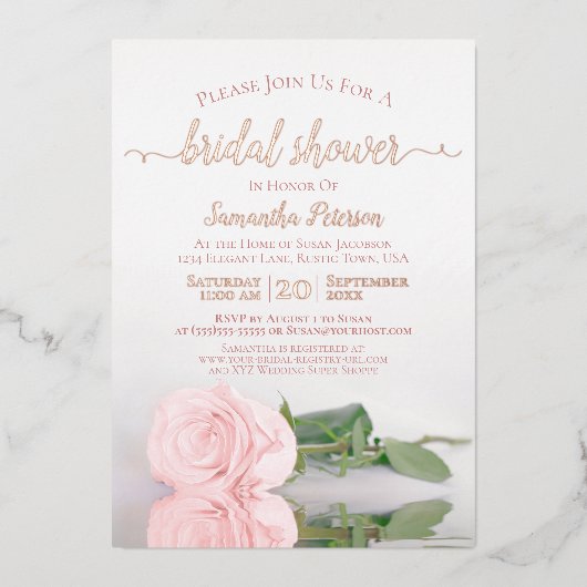 ピンクエレガントローズとバラ金ゴールドブライダルシャワー 箔招待状 (正面)
