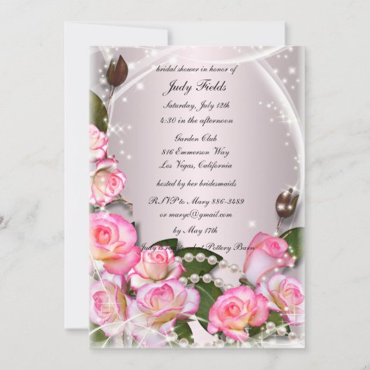 ピンクエレガントローズアンドパールブライダルシャワー招待状 招待状 (正面)