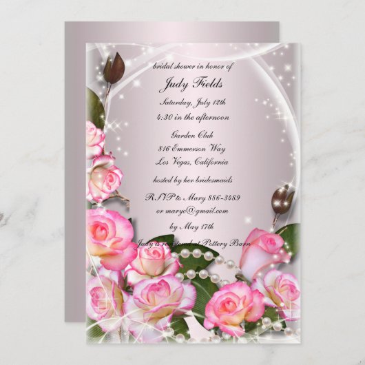 ピンクエレガントローズアンドパールブライダルシャワー招待状 招待状 (正面/裏面)