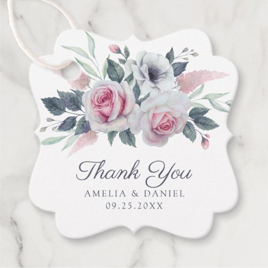 ピンクエレガントローズウォーターカラーフローラブルー結婚ズ フェイバータグ (正面)