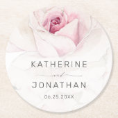 ピンクエレガントローズウォーターフローラスクリプ結婚ト ラウンドペーパーコースター (正面)