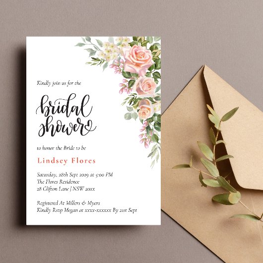 ピンクエレガントローズウォーターフローラブライダルシャワー 招待状