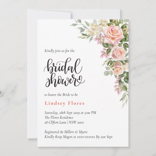 ピンクエレガントローズウォーターフローラブライダルシャワー 招待状 (正面)