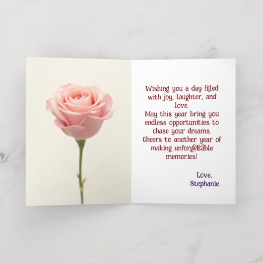 ピンクエレガントローズエレガント誕生日ウィッシュ 箔グリーティングカード (内側レイダウン)