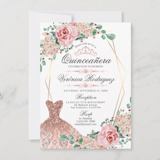 ピンクエレガントローズキンセアニラクインスクラウンティアラ 招待状 (正面)