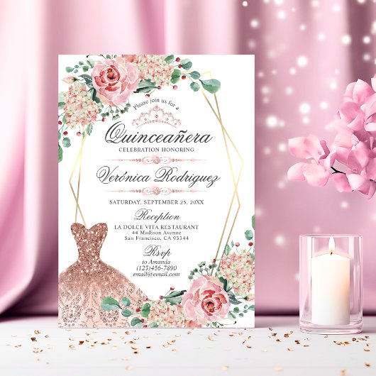 ピンクエレガントローズキンセアニラクインスクラウンティアラ 招待状