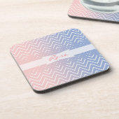 ピンクエレガントローズクォーツブルーパステルシェブロン名 コースター (左側)