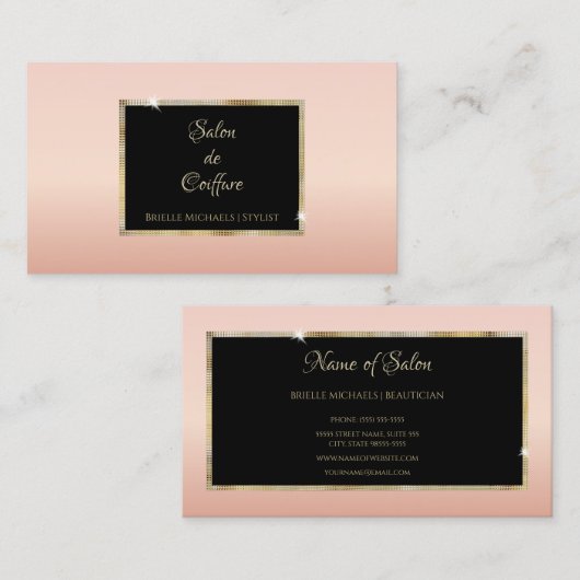 ピンクエレガントローズグラディエント金ゴールドフレームヘアサロン 名刺 (正面/裏面)