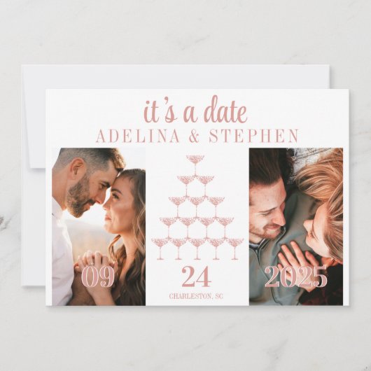 ピンクエレガントローズシャンパンタワースクリプ結婚ト セーブザデート (正面)