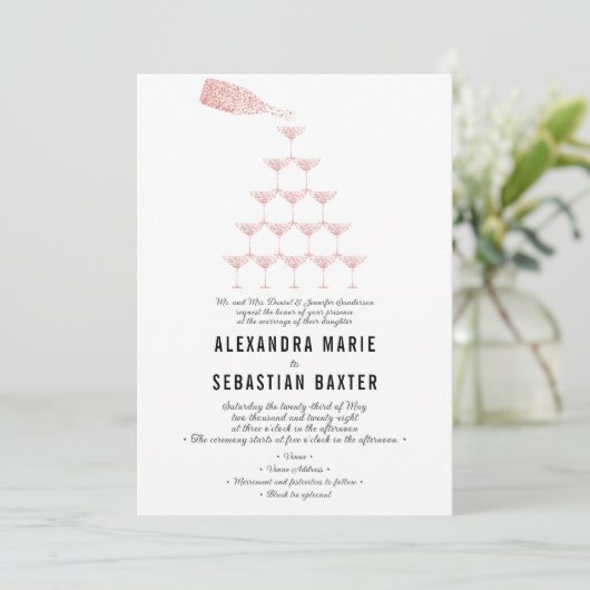 ピンクエレガントローズシャンパンタワースクリプ結婚ト 招待状 (スタンド正面)