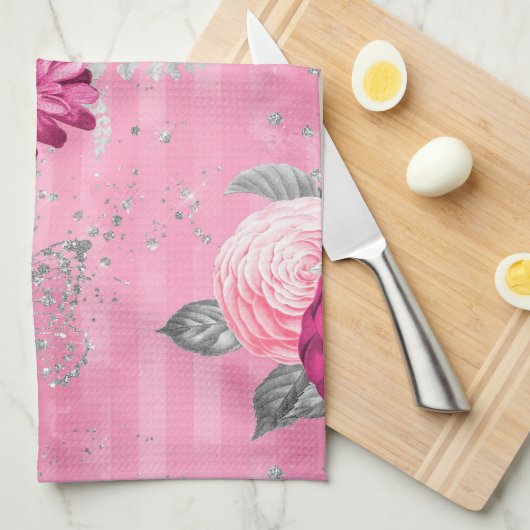 ピンクエレガントローズシルバーグリッターバタフライ キッチンタオル (四つ折り)