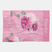 ピンクエレガントローズシルバーグリッターバタフライ キッチンタオル (横)