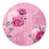 ピンクエレガントローズシルバーグリッターバタフライ セラミックノブ (正面)