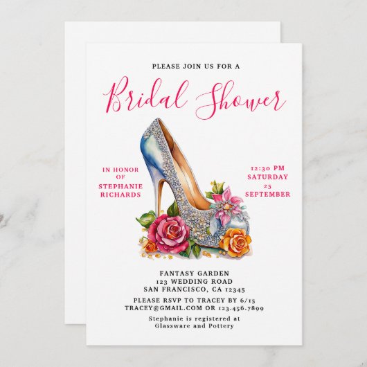 ピンクエレガントローズシルバーシューズブライダルシャワー 招待状 (正面/裏面)