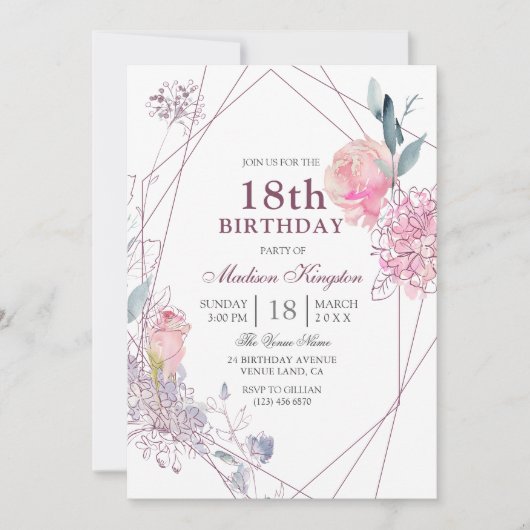 ピンクエレガントローズジオグラフィック18th誕生日パーティー 招待状 (正面)
