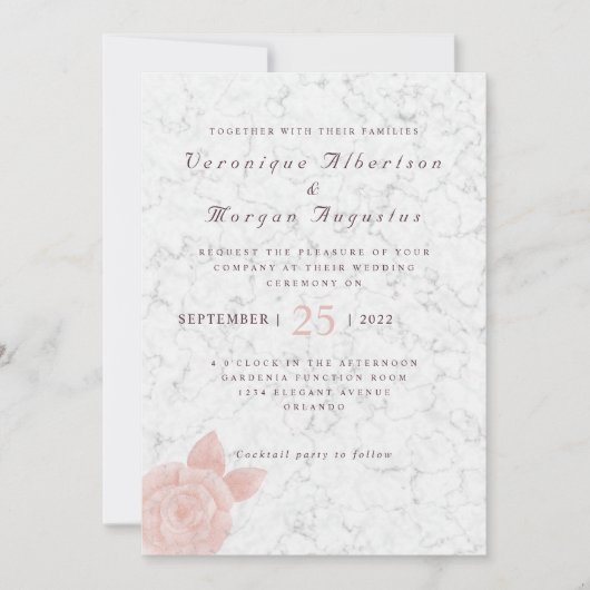 ピンクエレガントローズスクリプトマーブル結婚式招待状 招待状 (正面)