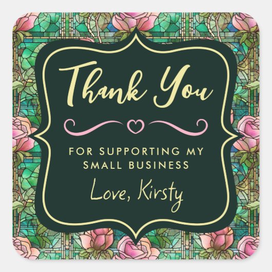 ピンクエレガントローズステンドグラス小規模企業 スクエアシール (正面)