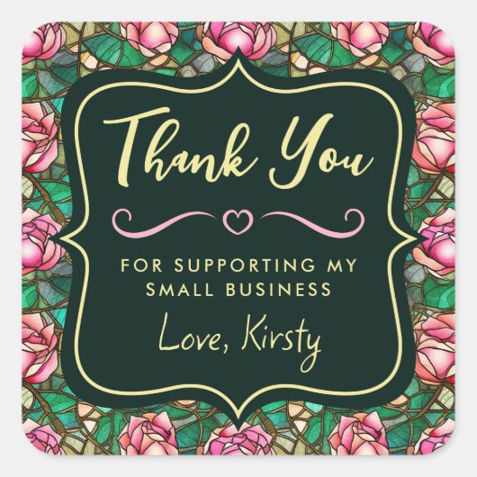 ピンクエレガントローズステンドグラス小規模企業 スクエアシール (正面)