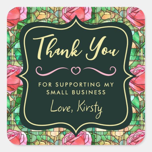 ピンクエレガントローズステンドグラス小規模企業 スクエアシール (正面)