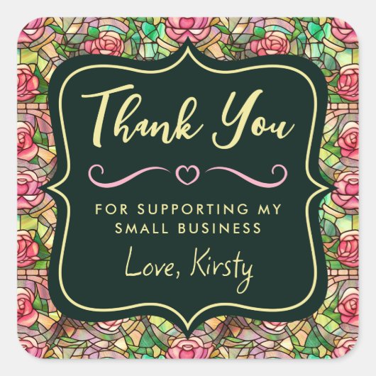 ピンクエレガントローズステンドグラス小規模企業 スクエアシール (正面)