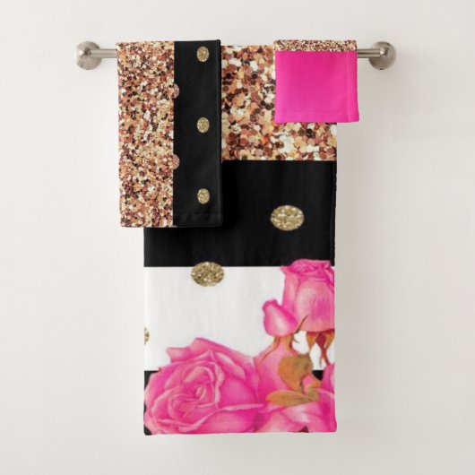 ピンクエレガントローズストライプグリッター水玉模様 バスタオルセット (インサイチュ)