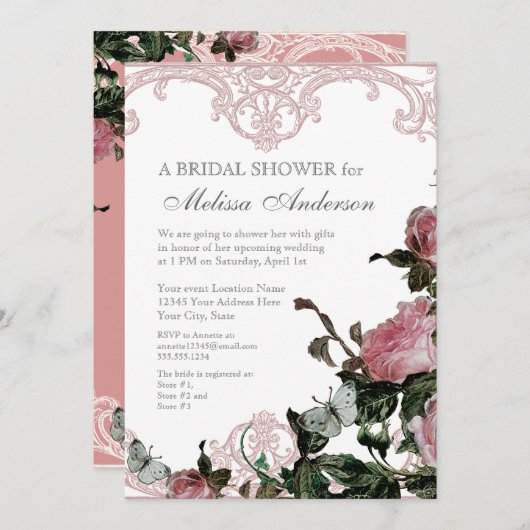 ピンクエレガントローズトレリスヴィンテージブライダルシャワー 招待状 (正面/裏面)