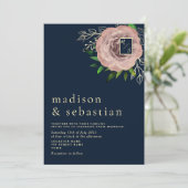 ピンクエレガントローズネイビーブルー金ゴールド結婚式の招待 招待状 (スタンド正面)