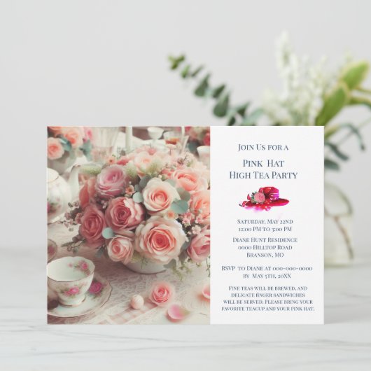 ピンクエレガントローズハットテーマティーパーティー 招待状 (スタンド正面)