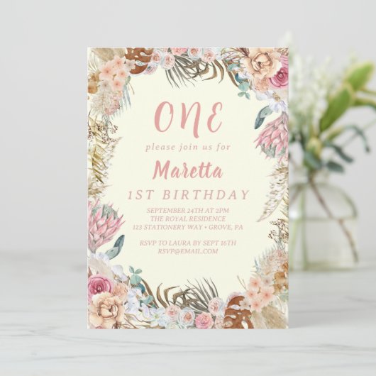 ピンクエレガントローズファースト誕生日パーティー 招待状 (スタンド正面)