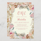 ピンクエレガントローズファースト誕生日パーティー 招待状 (正面/裏面)