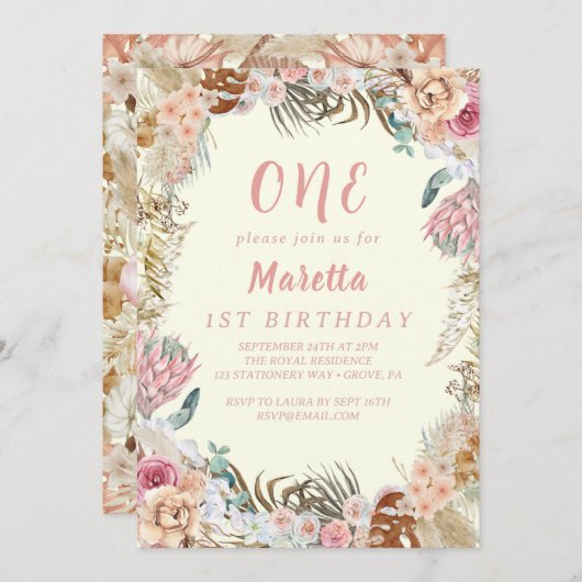 ピンクエレガントローズファースト誕生日パーティー 招待状 (正面/裏面)