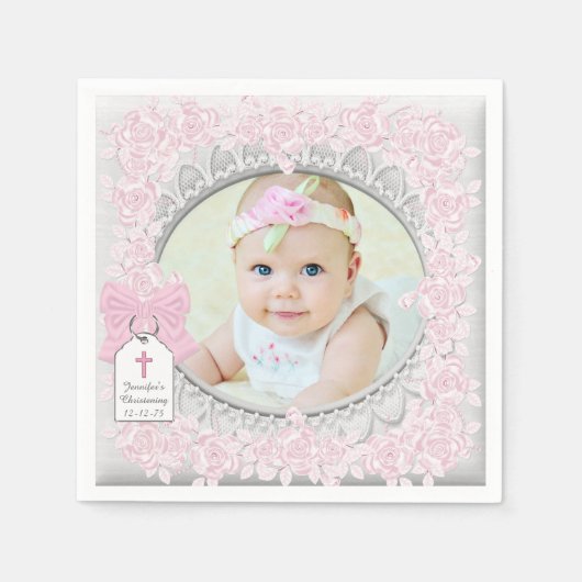 ピンクエレガントローズフォト《キリスト教》洗礼式や命名式 スタンダードカクテルナプキン (正面)