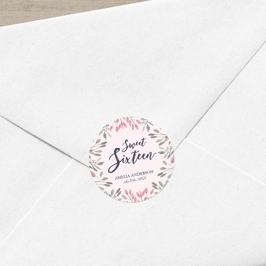 ピンクエレガントローズフローラスウィート16バースデーパーティー ラウンドシール