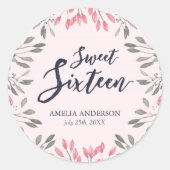 ピンクエレガントローズフローラスウィート16バースデーパーティー ラウンドシール (正面)