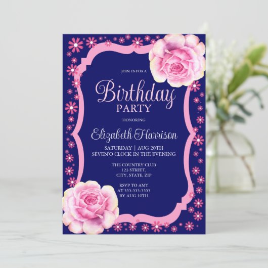 ピンクエレガントローズフローラダークブルー誕生日パーティー 招待状 (スタンド正面)
