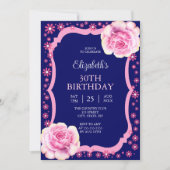 ピンクエレガントローズフローラダークブルー30歳の誕生日 招待状 (正面)