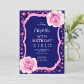 ピンクエレガントローズフローラダークブルー30歳の誕生日 招待状 (スタンド正面)