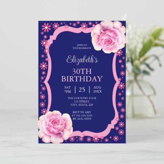 ピンクエレガントローズフローラダークブルー30歳の誕生日 招待状 (スタンド正面)