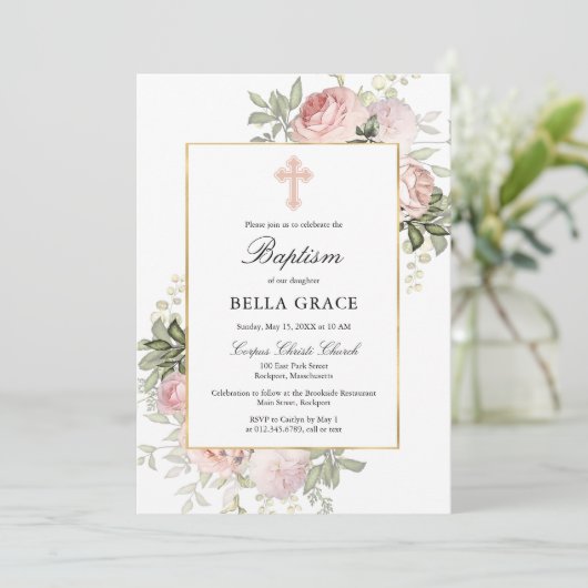 ピンクエレガントローズフローラバプテスマ招待状 招待状 (スタンド正面)