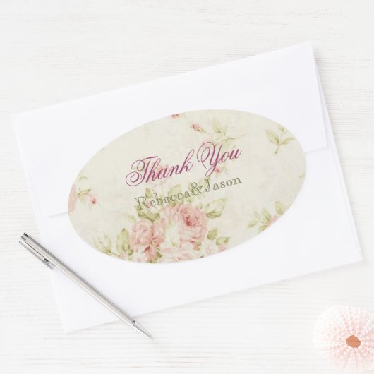 ピンクエレガントローズフローラビンテージ結婚式 楕円形シール (封筒)