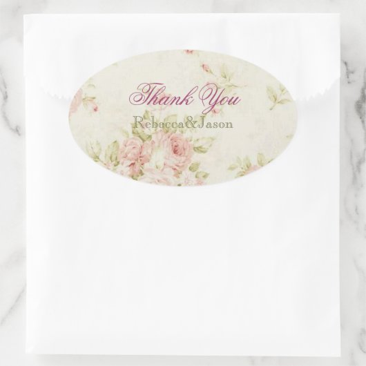 ピンクエレガントローズフローラビンテージ結婚式 楕円形シール (バッグ)