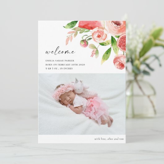 ピンクエレガントローズフローラフォトベビー誕生 案内状 (スタンド正面)