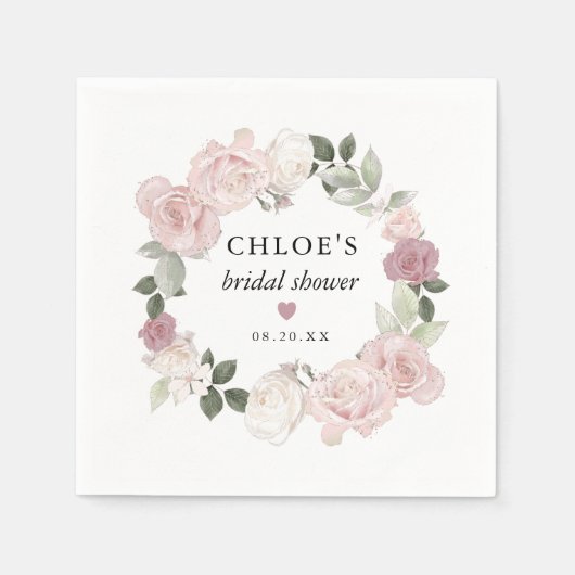 ピンクエレガントローズフローラブライダルシャワー スタンダードカクテルナプキン (正面)