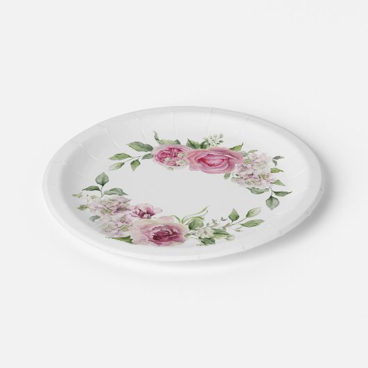 ピンクエレガントローズフローラブライダルベビーシャワー ペーパープレート (アングル)