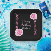 ピンクエレガントローズフローラブラックアドレス ペーパープレート (パーティー)