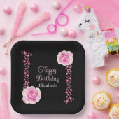 ピンクエレガントローズフローラブラックアドレス ペーパープレート (パーティー)