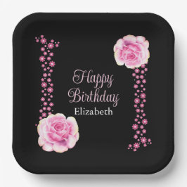 ピンクエレガントローズフローラブラックアドレス ペーパープレート