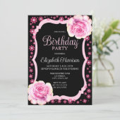 ピンクエレガントローズフローラブラック誕生日パーティー 招待状 (スタンド正面)