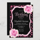 ピンクエレガントローズフローラブラック誕生日パーティー 招待状 (正面/裏面)